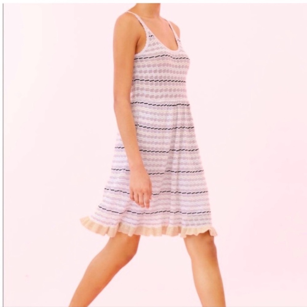 La Vie Rebecca Taylor White Lavender Stripes Gold Trim Hem Sweater Dress Sz S